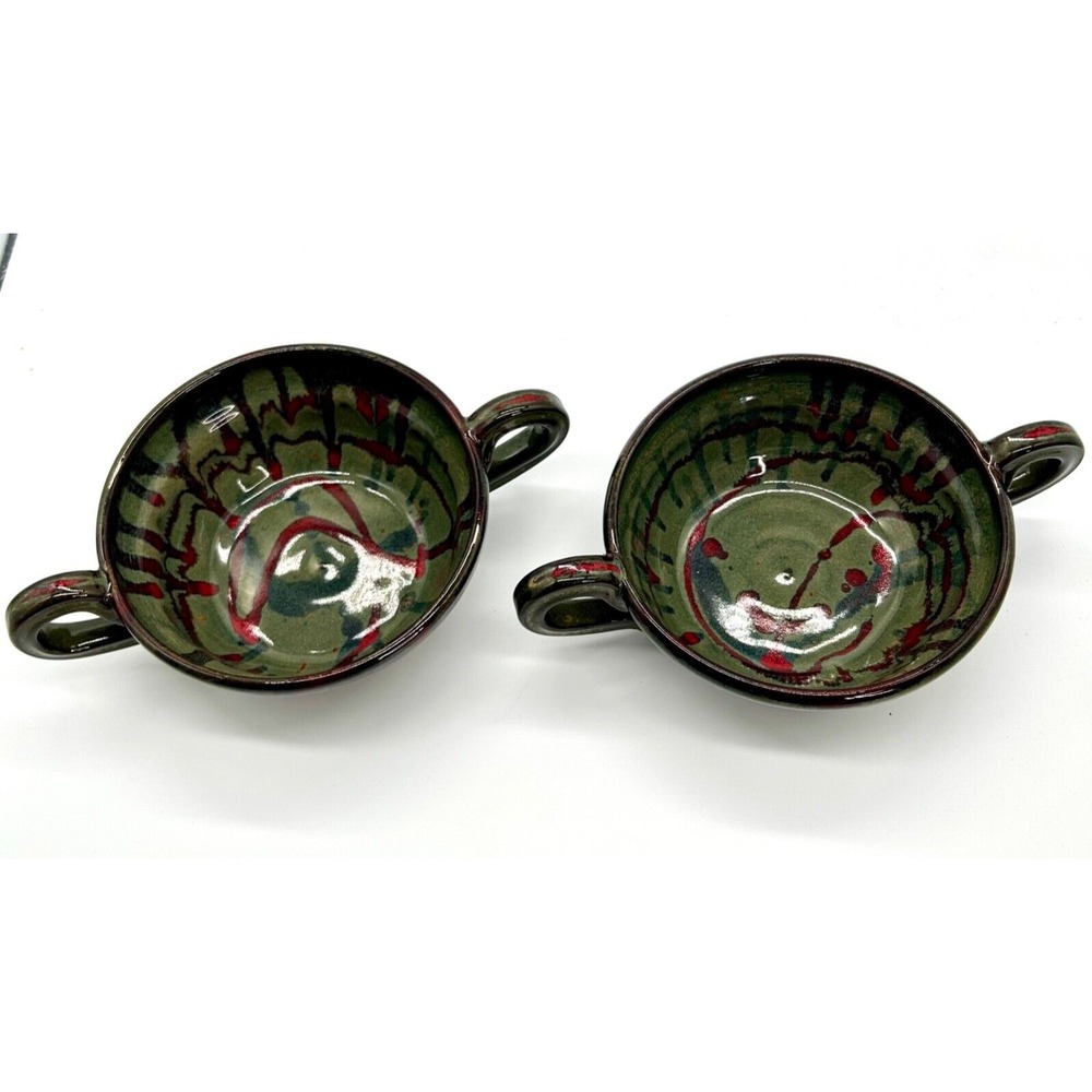 Studio Art Pottery Double Handle Bowls Green Red Glaze‎ Handmade Signed